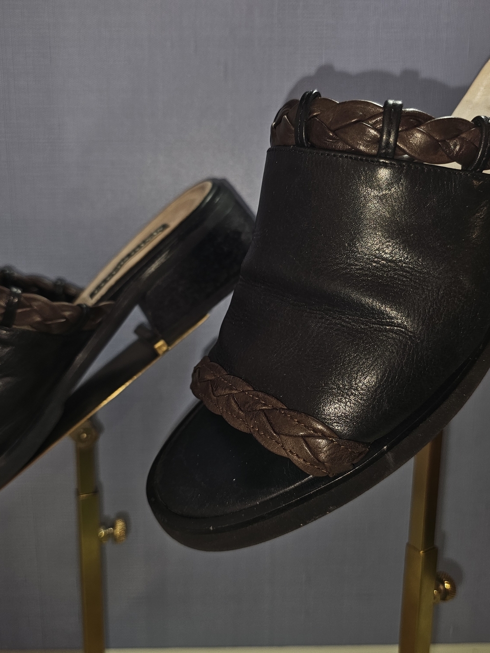 Sesto Meucci Black Leather Open-Back Mules with Brown Braided Trim Wood Stack - Picture 8 of 15
